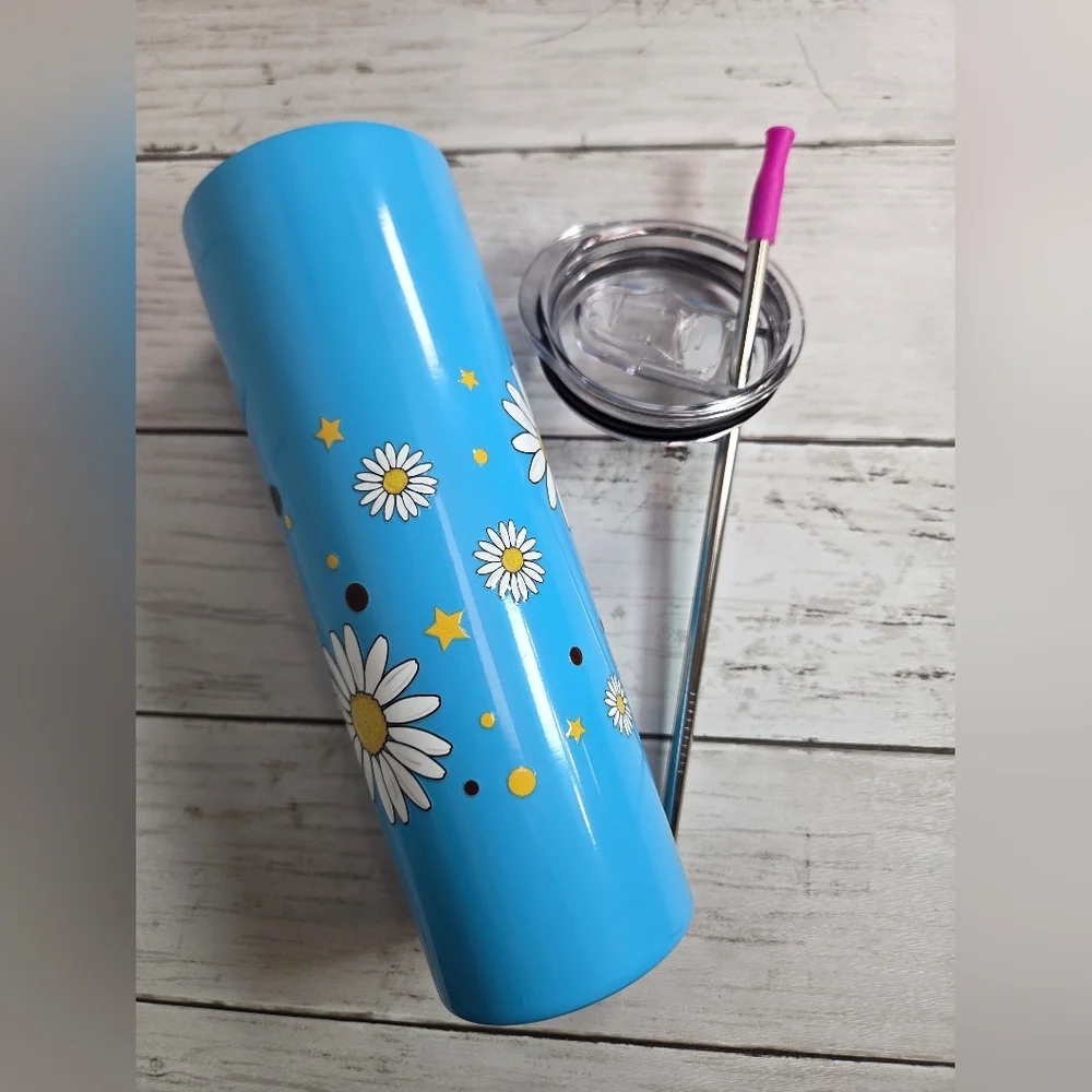 Blue Daisy Stainless Travel Tumbler with Metal Straw